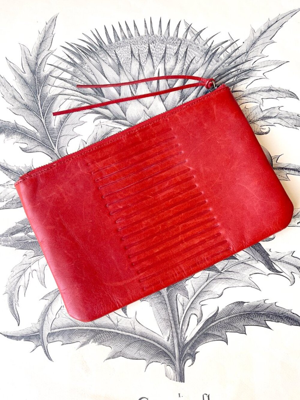 Feed Project Brick Red Leather Embossed Zippered Clutch Bag Pouch
